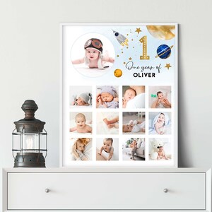 Plantilla imprimible para póster fotográfico del primer año del bebé: Primer vuelo alrededor del sol. Collage de fotos para el tablero de hitos del bebé. Descarga instantánea SP392