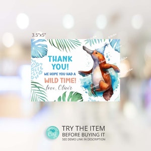 Party Animals Birthday Thank You Cards, Platypus Baby, Boy Birthday Party, Safari Animals Birthday, Wild One Birthday Favors Card  PA71