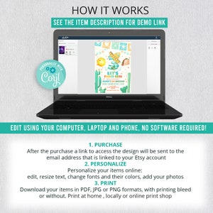 May include: A black laptop displays a colorful invitation design with the text "Let's Three-Esta" for a third birthday. The screen also shows the words "How it Works" and instructions for purchase, personalization, and printing.