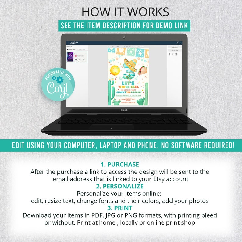 May include: A black laptop displays a colorful invitation design with the text "Let's Three-Esta" for a third birthday. The screen also shows the words "How it Works" and instructions for purchase, personalization, and printing.