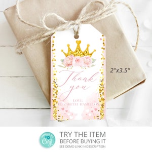 Little Princess Baby Shower Editable Thank You Tag | Favor Tags Pink and Gold Baby Shower Decorations /740