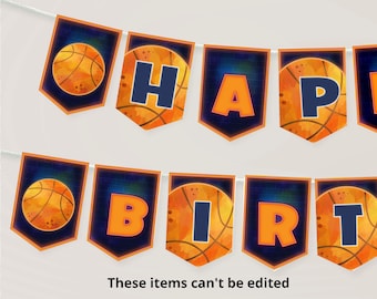 May include: A banner with orange and blue pennants that spell out "Happy Birthday". Each pennant features a basketball with a watercolor-style design.