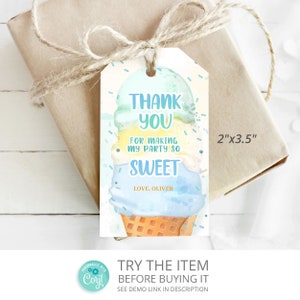 Editable Ice Cream Favor Tags. Ice Cream Party Thank You Tags, Ice Cream Birthday Printable Thank You Label /0290