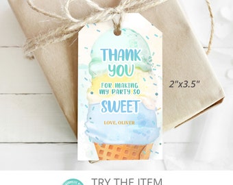 May include: A blue, yellow and green ice cream cone thank you tag with the text "Thank You for making my party so sweet. Love, Oliver." The tag is 5.1 cm by 8.9 cm.