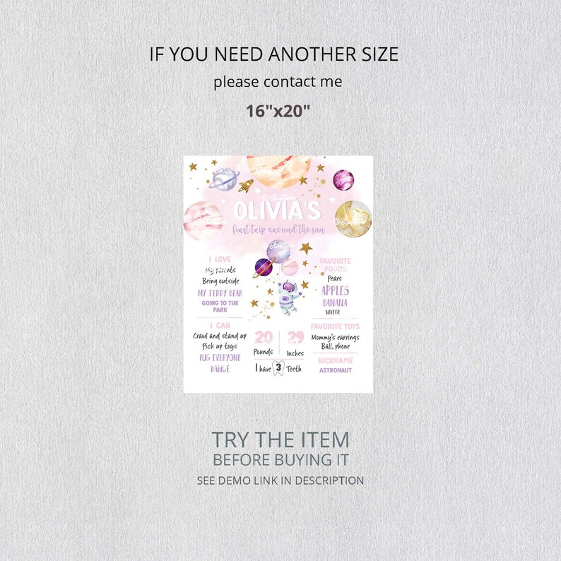 Editable Pink Space Birthday Milestone Sign, 1st Birthday Girl Milestone Poster, First Trip Around The Sun Birthday, First Year Board SP470 image 2