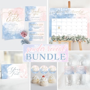 Paquete de invitaciones de invierno para revelar el género del bebé, azul y rosa, W427