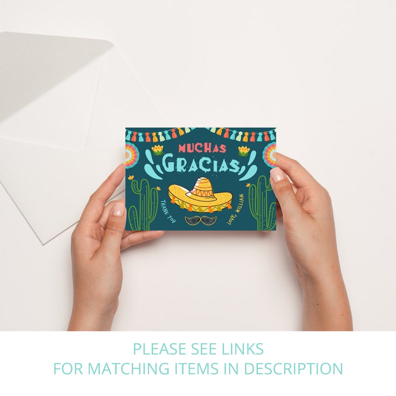 K&ouml;nnte beinhalten: Eine blaue Dankeskarte mit einer bunten Illustration eines Sombreros, Kakteen und dem Text "Muchas Gracias".