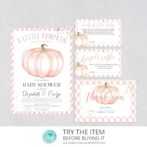 Rosa Kürbis-Babyparty-Set Bearbeitbar | Pastellrosa Kürbis-Babyparty-Paket | Kleiner Kürbis ist auf dem Weg Digital Printable P96