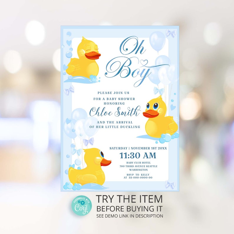 Rubber Duck Baby Shower Invite Digital Printable Oh Boy Baby Shower invitation DUCK Baby Shower Invitation 125