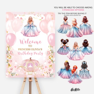 Decorazioni per feste di compleanno della principessa, cartello di benvenuto per feste della principessa, cartello di compleanno della piccola principessa, modello di poster di compleanno della principessa PR87