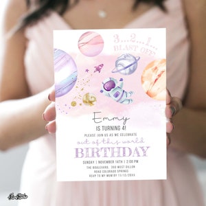 Editable Space Birthday Invitation 4th Trip Around The Sun | Space Birthday Girl Party Invitation | Pink Gold Galaxy Birthday Invite SP436