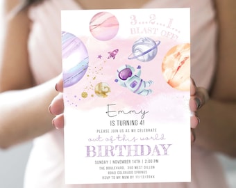Editable Space Birthday Invitation 4th Trip Around The Sun | Space Birthday Girl Party Invitation | Pink Gold Galaxy Birthday Invite SP436