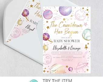 Outer Space Baby Shower Invitation | Galaxy Baby Shower Countdown Has Begun Outer Space Invitation, Galaxy It's a Girl Invite SP29