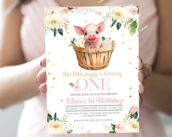 May include: Pink and white floral birthday invitation with a piglet in a basket. The invitation says "This little piggy is turning one" and "Olivia's 1st Birthday".