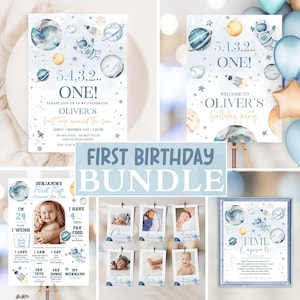 Può includere: Una collezione di decorazioni per feste di primo compleanno a tema spaziale. Include inviti, cartelli di benvenuto, espositori fotografici e un cartello di capsula del tempo. I disegni presentano pianeti, astronauti e stelle.