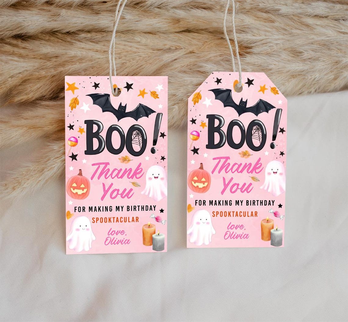 Halloween Birthday Thank You Tag: Pink Ghost Party Favor (digital ...