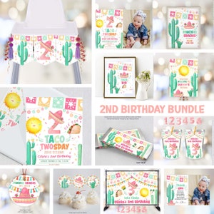 Fiesta 2nd Birthday Invitation Bundle | Taco TWOsday Fiesta Birthday Bundle Second Birthday Invite Mexican Tacos Girl Cactus F5