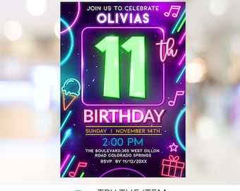 Può includere: Un invito di compleanno rosa e blu neon per un 11° compleanno. L'invito presenta un grande numero 11 verde con la parola "Compleanno" in lettere neon rosa. Il testo recita "Unisciti a noi per festeggiare l'11° compleanno di Olivia, domenica 14 novembre, 14:00, The Boulevard, 350 West Dillon Road, Colorado Springs, RSVP entro il 11/12/20XX".