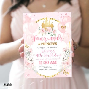 Princess Birthday Invitation, Four Ever Princess Invitation, 4th Birthday Girl Invitation Template, Little Princess Party, Gold Castle PR69