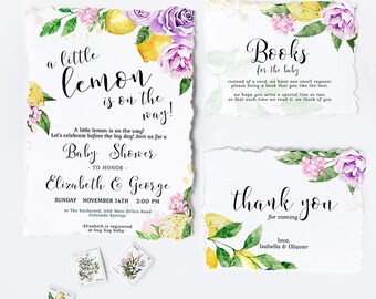 Lemon Baby Shower Invitation Set, Purple Pink Floral Baby Shower Invitation Girl, Lemon Baby Shower Invite Digital Printable /710