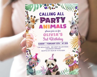 Calling all Party Animals Birthday Invitation Wild Animals Jungle Birthday Zoo Safari Animals Girl Birthday Pink Invite Template Corjl PA28