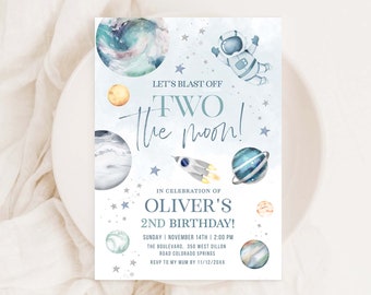 Two The Moon Birthday Invitation Boy, Second Birthday Boy, Dusty Blue Space Birthday, 2nd Birthday Space Invite, 2 The Moon SP537