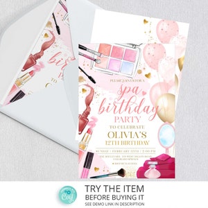 Spa Party Invitation | Spa Birthday Invitation | Makeup Birthday Invitation Pink Gold Glam Sparkly Girl Birthday Invite Pamper Party /0260