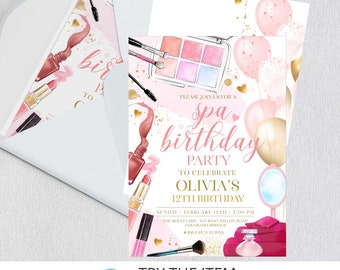 Spa Party Invitation | Spa Birthday Invitation | Makeup Birthday Invitation Pink Gold Glam Sparkly Girl Birthday Invite Pamper Party /0260