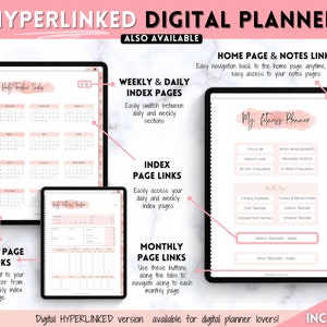 May include: A digital planner with a pink and white color scheme. The planner includes a daily tracker, weekly tracker, monthly tracker, and index pages. The planner is hyperlinked, allowing users to easily navigate between pages. The text "NOT INCLUDED" is displayed in the bottom right corner of the image.