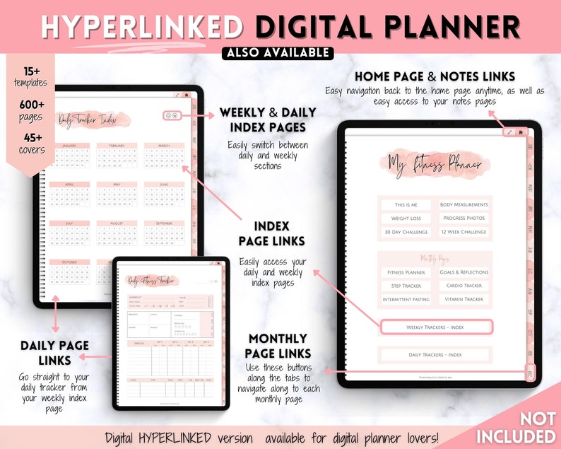 May include: A digital planner with a pink and white color scheme. The planner includes a daily tracker, weekly tracker, monthly tracker, and index pages. The planner is hyperlinked, allowing users to easily navigate between pages. The text "NOT INCLUDED" is displayed in the bottom right corner of the image.