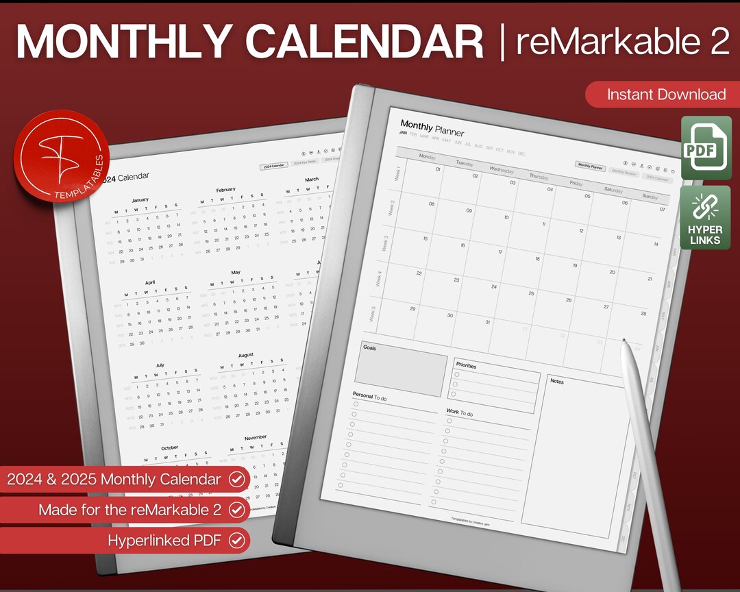 Remarkable 2 Templates 2024 Monthly Calendar, Remarkable Digital