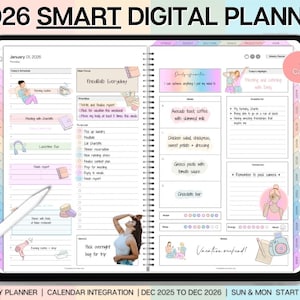 Puede incluir: Un planificador digital en una tableta con el texto "2026 Smart Digital Planner". El planificador incluye integración de calendario, plantillas y enlaces para calendarios de Apple y Google. El diseño es colorido con ilustraciones y texto.