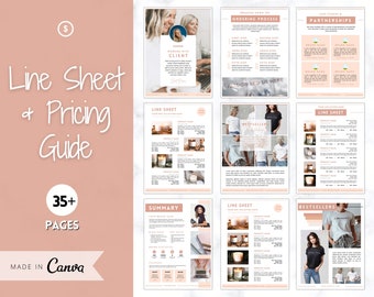 Puede incluir: Una hoja de línea y guía de precios con un diseño rosa rubor y blanco. La portada dice "Line Sheet + Pricing Guide" con el texto "35+ Pages" y "Made in Canva". En el interior hay maquetas de productos y guías de procesos.