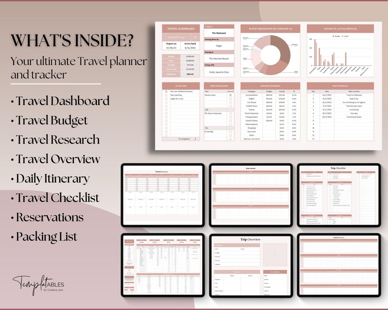 Pu&ograve; includere: Un planner digitale con uno schema di colori rosa e bianco. Il planner include sezioni per il cruscotto di viaggio, il budget, la ricerca, la panoramica, l'itinerario, la checklist, le prenotazioni e la lista di imballaggio. Il testo "WHAT'S INSIDE?" &egrave; nella parte superiore dell'immagine.