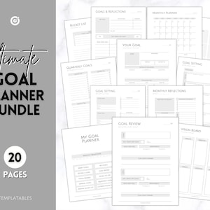 Goal Planner Printable BUNDLE, 2024 Goals Tracker, SMART Goal Setting Kit, New Year, Monthly Habits Reflections, Productivity, Vision Board