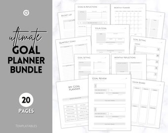 Goal Planner Printable BUNDLE, 2024 Goals Tracker, SMART Goal Setting Kit, New Year, Monthly Habits Reflections, Productivity, Vision Board