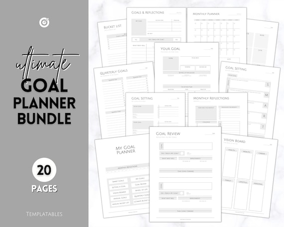 Goal Planner Printable BUNDLE, 2024 Goals Tracker, SMART Goal Setting Kit, New Year, Monthly Habits Reflections, Productivity, Vision Board