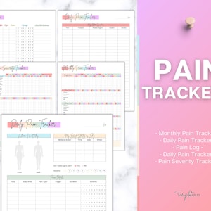 May include: A set of printable pain trackers in a pastel color scheme. The trackers include a daily pain log, a monthly pain tracker, a pain severity tracker, and a daily pain tracker with a body outline.