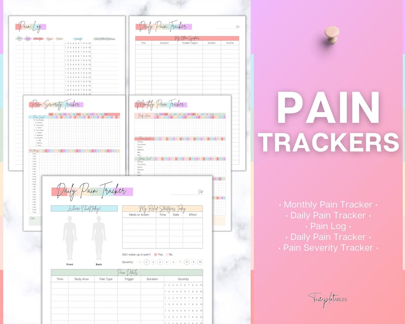 May include: A set of printable pain trackers in a pastel color scheme. The trackers include a daily pain log, a monthly pain tracker, a pain severity tracker, and a daily pain tracker with a body outline.