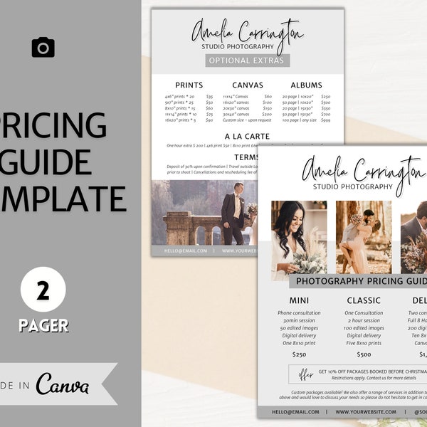 Wedding Photography Pricing Template, Price List, Photo Session Pricing Guide, CANVA, minis, Photographer business marketing, TWO Page Ad