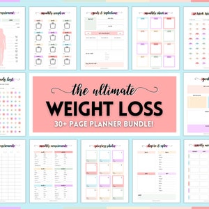 May include: A printable weight loss planner bundle with 30+ pages. The pages are colourful and feature a variety of trackers, including body measurements, weight loss, goals, and meal planning.