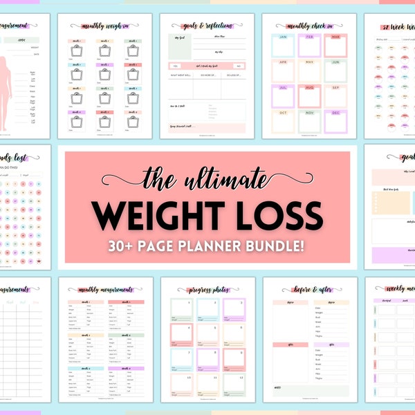 Weight Loss Tracker, Weightloss Journal, Fitness Planner Printable, Weight Loss Chart, Pounds Lost Tracker, Body Measurements, Meal Planner