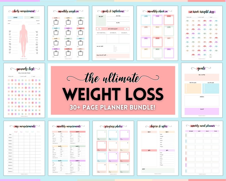 May include: A printable weight loss planner bundle with 30+ pages. The pages are colourful and feature a variety of trackers, including body measurements, weight loss, goals, and meal planning.