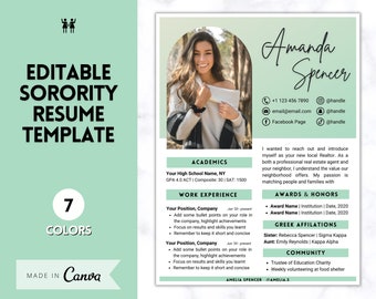Sorority Recruitment Template, Sorority Resume Template Packet, Professional College Resume Kit, Academic, Social, Canva, Rush Resume, Greek