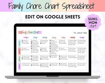 FAMILY Chore Chart, EDITABLE Family Planner Printable, Weekly Schedule Spreadsheet, Calendar, Command Center, Household Kid Adult, Colorful