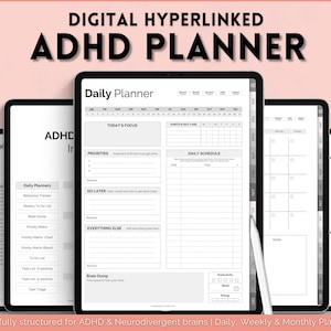 ADHD デジタル プランナー、神経多様性を持つ成人向けデイリー プランナー、ブレイン ダンプ テンプレート、To Do リスト、クリーニング、症状トラッカー、GoodNotes iPad