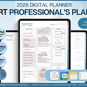 Puede incluir: Planificador digital 2026 para profesionales. La imagen muestra una tableta con un horario diario detallado, con integración de calendarios Apple y Google. El planificador incluye un inicio semanal el lunes y está disponible de noviembre de 2025 a septiembre de 2026.