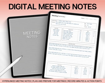 May include: A digital tablet displaying a meeting summary with sections for attendees, agenda items, and action items. The tablet is next to a closed tablet with the words "MEETING NOTES". The text "DIGITAL MEETING NOTES" is at the top.