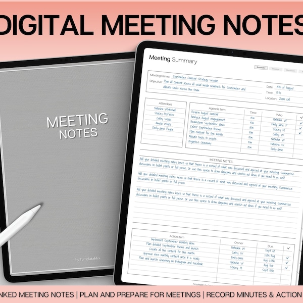 Digital Meeting Notes Template, Editable Meeting Minutes, Digital Planner, GoodNotes, iPad, Business Project Record, Agenda, Note Taking