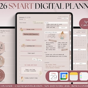 May include: A 2026 digital planner shown on tablets, with a daily schedule and calendar integration. The design includes a neutral colour palette. The planner integrates with Apple and Google calendars. Text includes "2026 Smart Digital Planner."